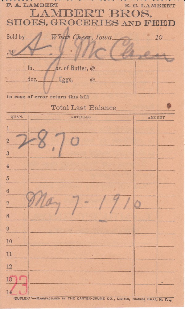 1910 Lambert bros what cheer iowa