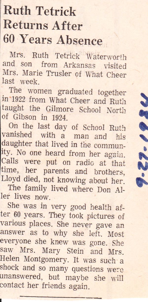 Ruth Tetrick What Cheer Iowa 1984 Keokuk County
