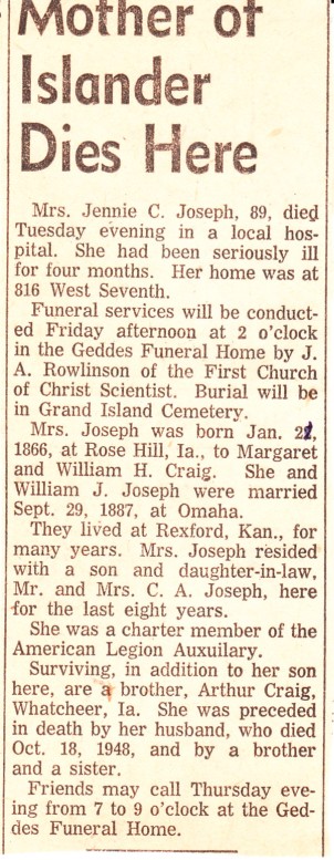 Elizabeth Lizzie Jane Craig Joseph Obituary