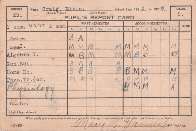 1925 School Report Card Elvie Craig