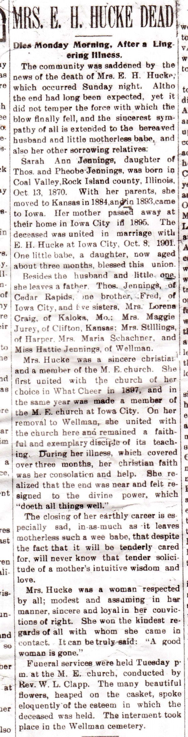 Sarah Jennings Hucke 1904 Wellman Iowa Washington